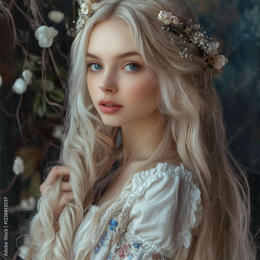 Fototapeta premium Captivating portrait of a young woman with flowing hair and floral accessories in a serene setting