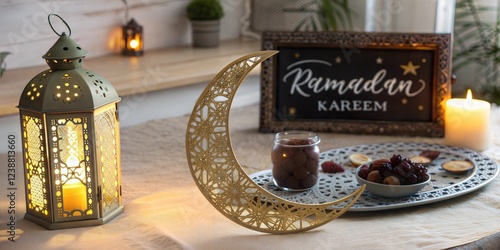 Elegant Ramadan Lantern and Crescent Moon with Ramadan Kareem Calligraphy