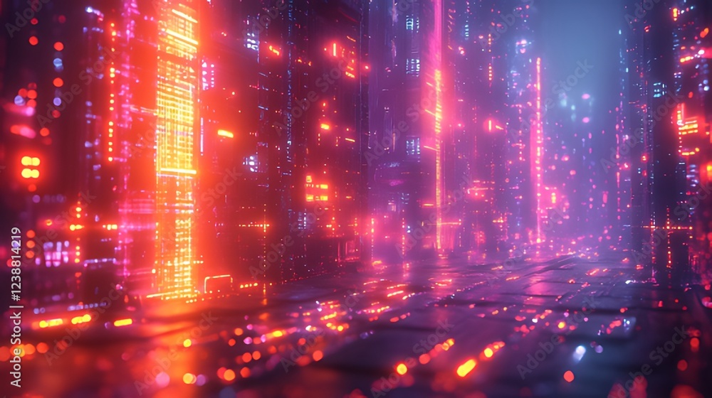 Fototapeta premium Cyberpunk city street, neon lights, digital rain, futuristic alley, background data stream, game background