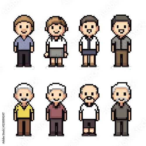 Eight diverse pixel art characters adult men and women Perfect for game development websites or illustrations