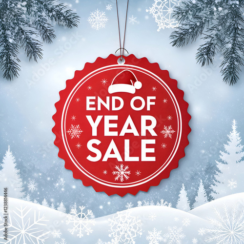 Red end of year sale tag winter holiday season festive snow background new offer image deals design