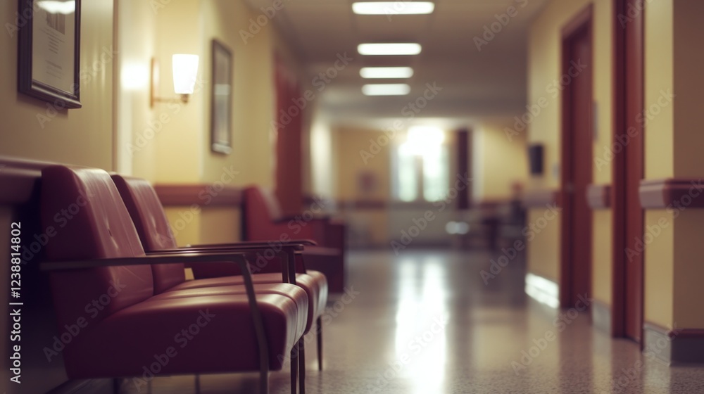 Fototapeta premium Hospital hallway waiting chairs, calm atmosphere, sunlight