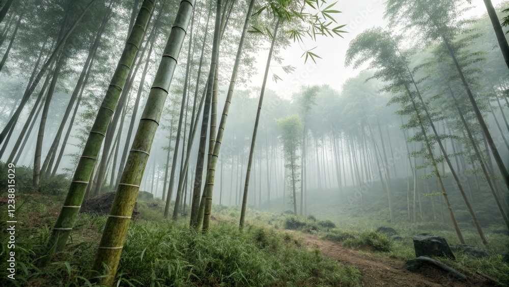 Fototapeta premium Tall bamboo stalks emerging from the foggy forest floor, bamboo, peaceful atmosphere