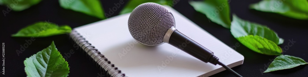 Obraz premium A microphone sits on top of a notebook