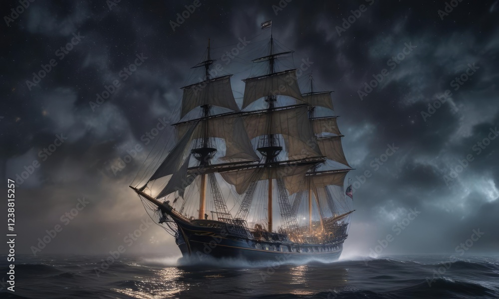 Tall ship navigating through dense fog under a starry night sky with dark clouds looming in the background, nighttime fog, evening sail, sailing adventure Tall ship navigating through dense fog under a starry night sky with dark clouds looming in the background, nighttime fog, evening sail, sailing adventure