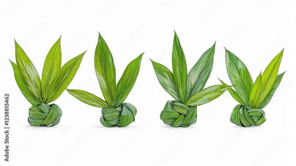 Fresh Green Leaves Tied in Knots on White Background Perfect for Nature and Organic Themes Fresh Green Leaves Tied in Knots on White Background Perfect for Nature and Organic Themes