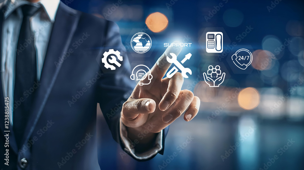 A businessman using visual screen with Technical support and customer service concept. A businessman using visual screen with Technical support and customer service concept.