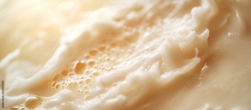 Obraz premium Creamy milk foam texture close-up, sunlit backdrop, dairy product advertisement