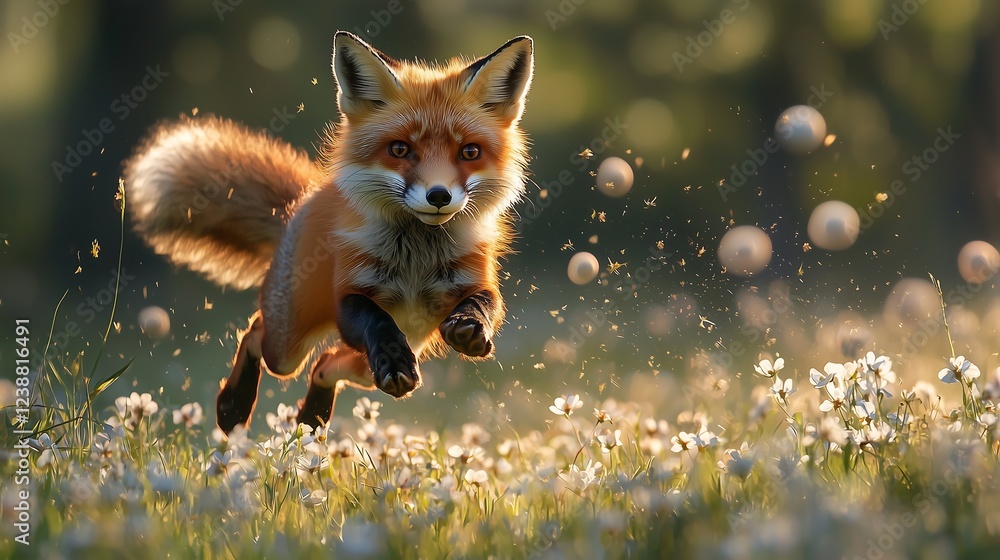 Fototapeta premium Portrait of a cute young red fox running in the spring wild.
