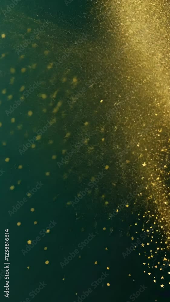 Golden glitter falls against a dark green background creating a beautiful shimmering effect in a close-up view Golden glitter falls against a dark green background creating a beautiful shimmering effect in a close-up view