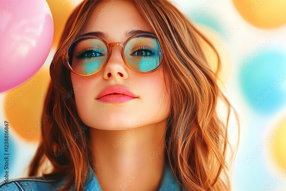 Fototapeta premium Fashionable Woman with Sunglasses and Balloons in Vibrant Backdrop