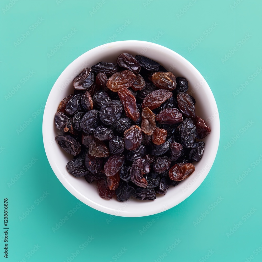 An aerial photograph of a white bowl filled with raisins set against a vibrant backdrop, Generative AI. An aerial photograph of a white bowl filled with raisins set against a vibrant backdrop, Generative AI.