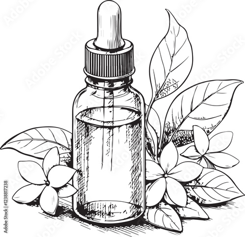 Natural Essential Oil Dropper Bottle with Flowers and Herbs Sketch Drawing Linear Line Art Engraving Black and White Vector Illustration, Isolated