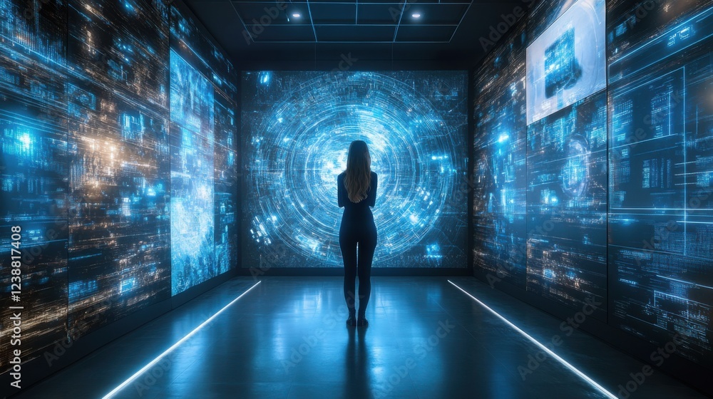 Woman engaged in virtual reality interface in futuristic room with digital screens Woman engaged in virtual reality interface in futuristic room with digital screens