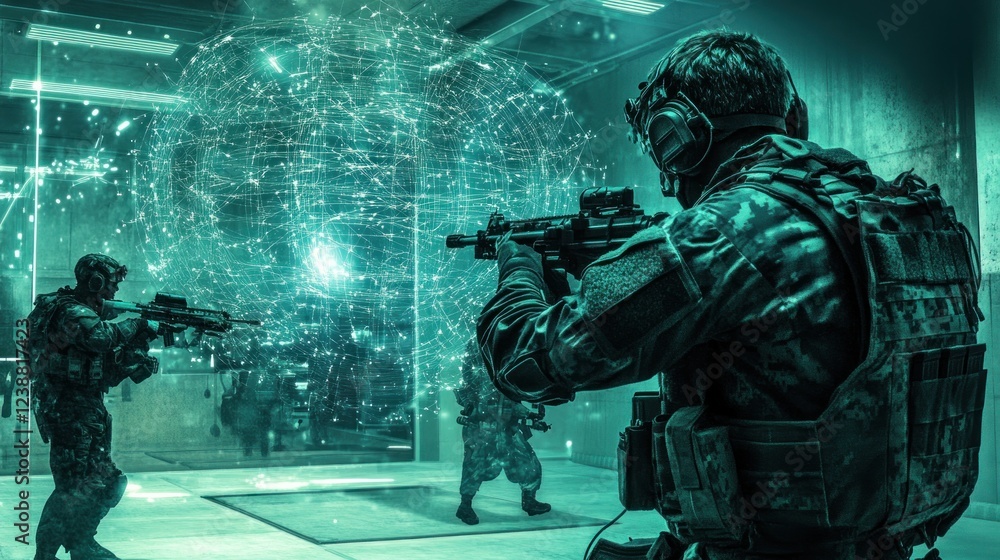 Fototapeta premium Soldiers Engage Virtual Reality Training Simulation