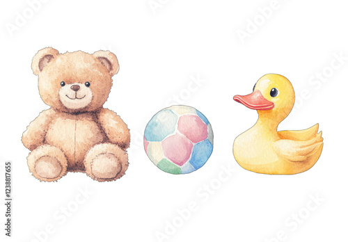 Cute watercolor painting of a teddy bear rubber duck and ball perfect for baby shower invitations or nursery decor