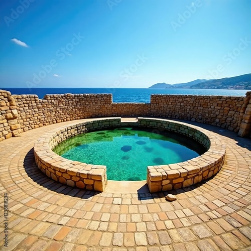 Ancient rotunda in Avola, Sicily with Mediterranean sea, vetro, rotonda