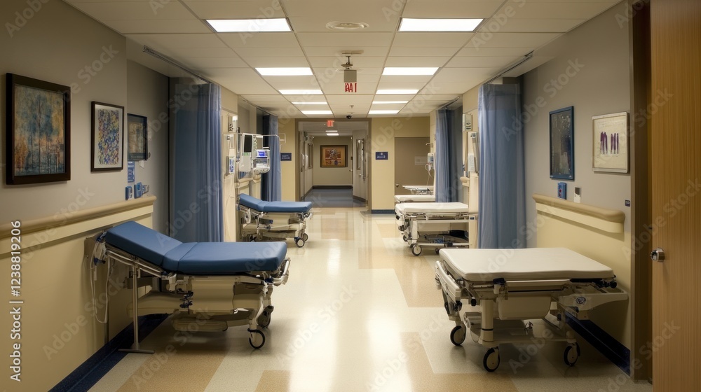 Empty Hospital Corridor With Several Hospital Beds Empty Hospital Corridor With Several Hospital Beds