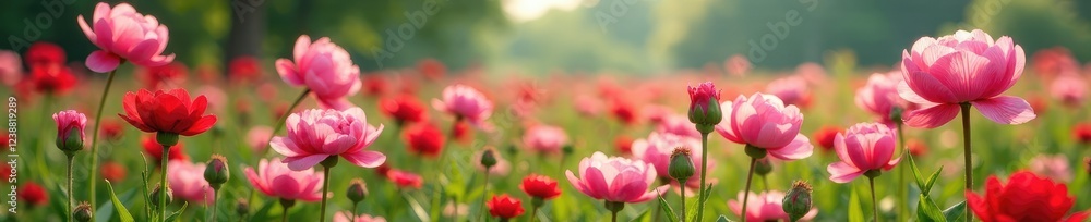 Obraz premium Field of pink peonies and red irises swaying gently in the breeze, art, colorful, garden