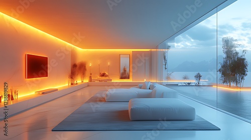 Wallpaper Mural Modern living room, sunset view, LED lights, minimalist design, interior design Torontodigital.ca