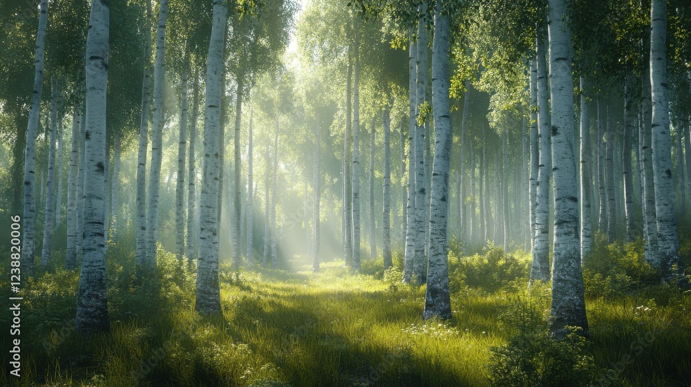 Fototapeta premium Lush green forest with tall trees and grass covering the forest floor in natural environment