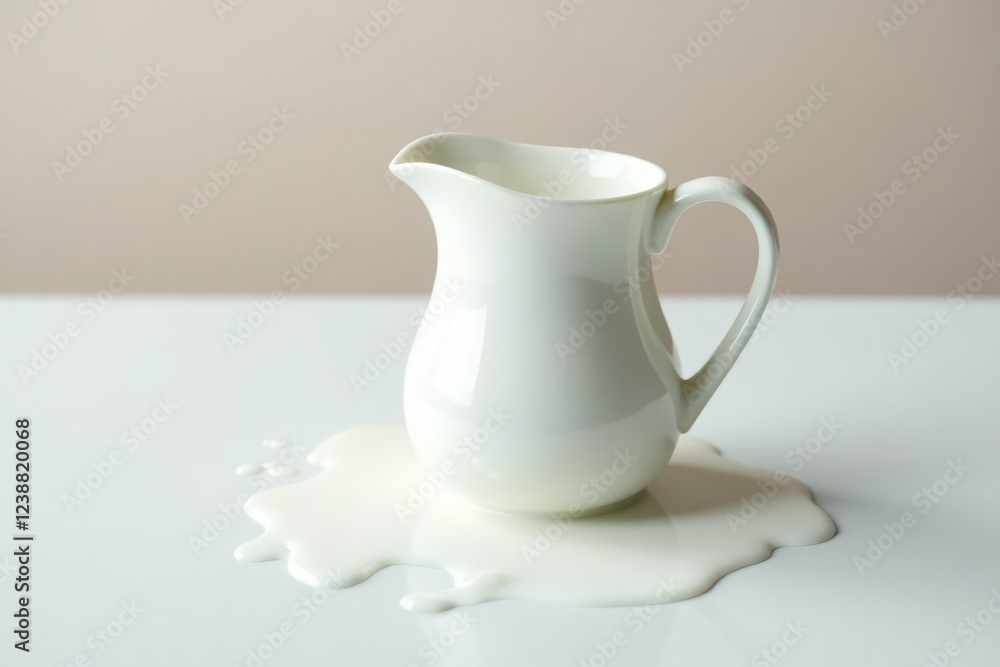 Fototapeta premium Milk pitcher on white table with scattered milk, drips, pitcher, table