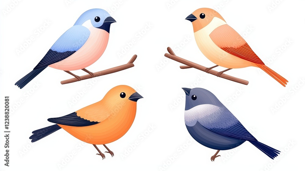 Fototapeta premium Colorful Collection of Illustrated Birds on Branches in Vibrant Styles and Designs