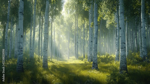 Wallpaper Mural Lush green forest with tall trees and grass covering the forest floor in natural environment Torontodigital.ca