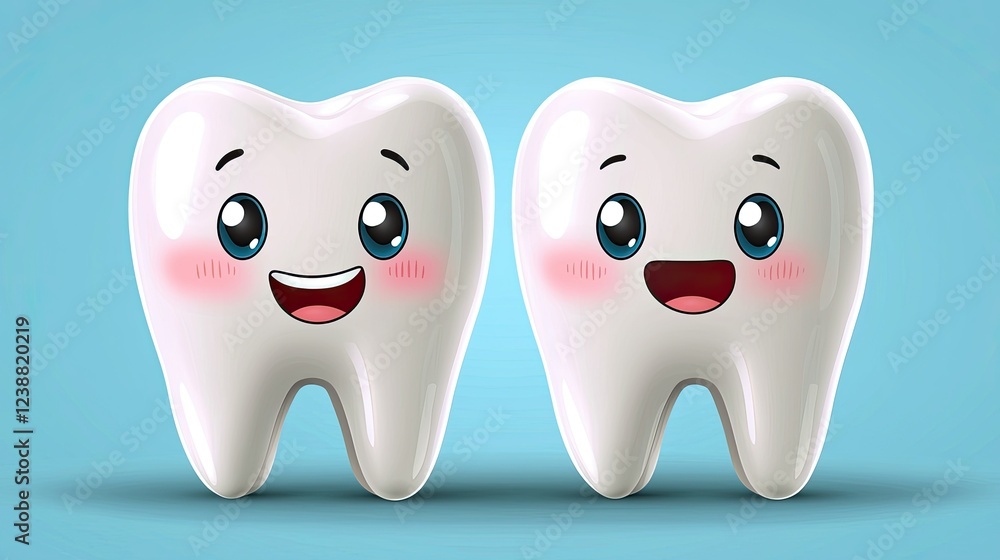 Two Happy Cartoon Teeth Smiling Brightly Two Happy Cartoon Teeth Smiling Brightly