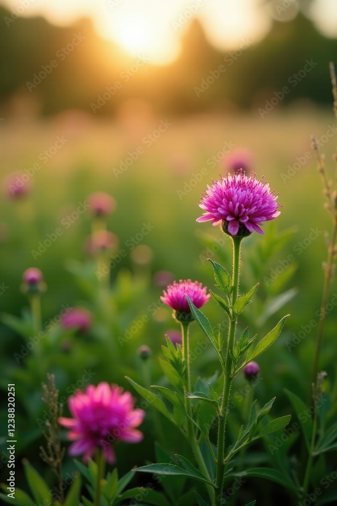 Pink heather blooms in a lush green meadow at dawn, sunrise, botanical Pink heather blooms in a lush green meadow at dawn, sunrise, botanical