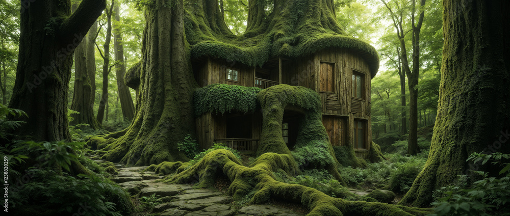 Naklejka premium house in the tree in the forest