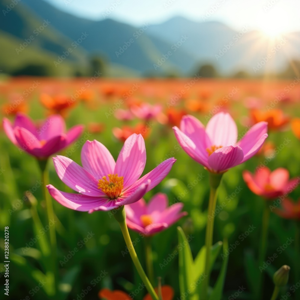 Obraz premium Peruvian lily astroemeria flowers in a field with sunlight, , wildflowers, landscape