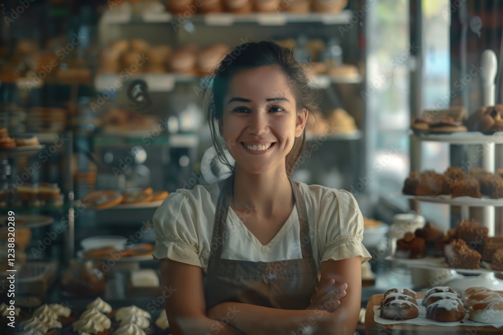 Smiling happy female pastry shop owner Smiling happy female pastry shop owner