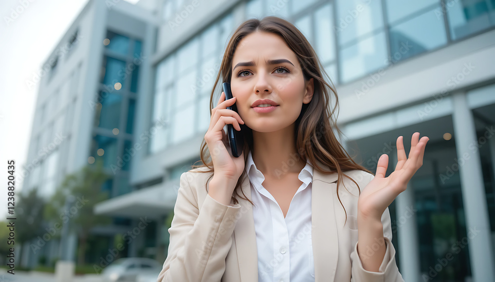 Businesswoman having a difficult phone call outside a modern office building, frustrated expression Businesswoman having a difficult phone call outside a modern office building, frustrated expression
