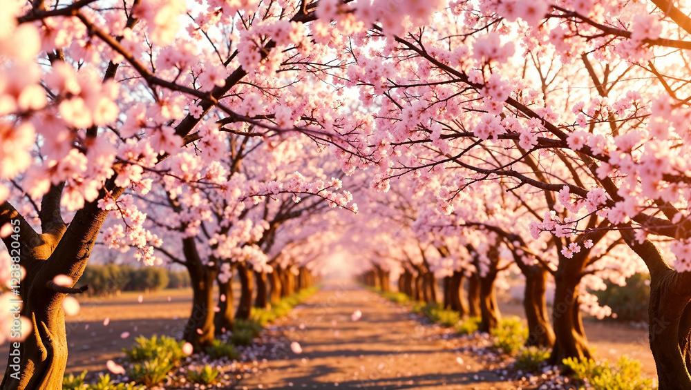 Fototapeta premium Cherry blossom alley in Japan, petals floating in the air, shallow depth of field, warm golden hour lighting