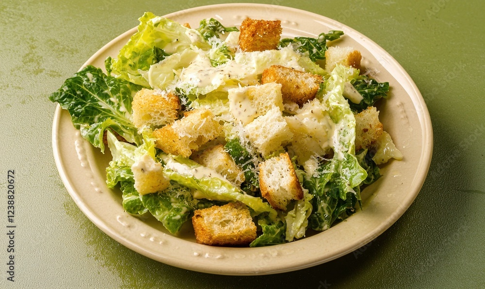 Fresh Caesar salad with croutons and Parmesan served in a minimalistic setting Fresh Caesar salad with croutons and Parmesan served in a minimalistic setting