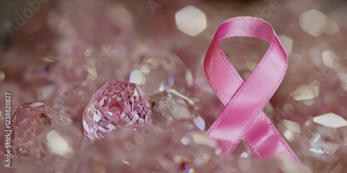 A pink ribbon rests on top of a pile of crystals, perfect for decorative or symbolic uses