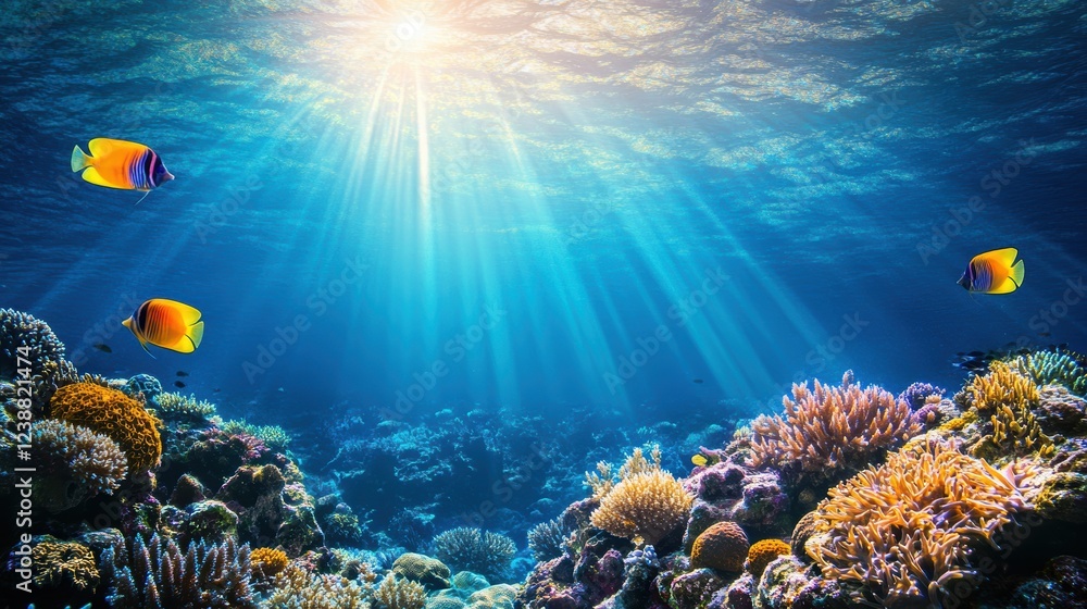 Fototapeta premium Vibrant Coral Reef Scene with Colorful Fish Under Sunlit Water Surface