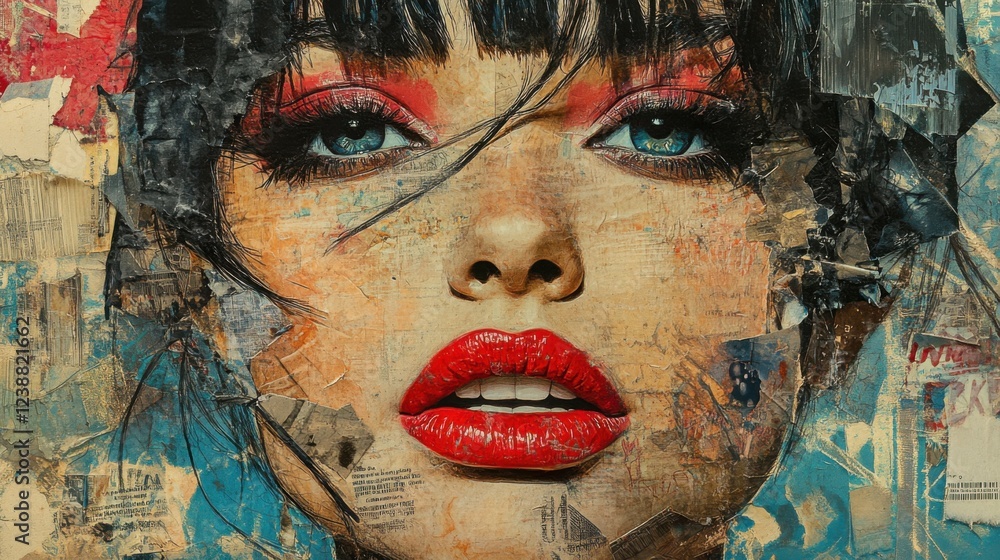 Vibrant mixed media portrait of a young woman with dramatic red lips and intense eyes Vibrant mixed media portrait of a young woman with dramatic red lips and intense eyes