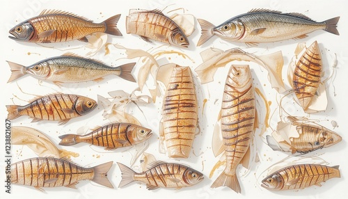 A set of  grilled fish illustrations on a white background photo