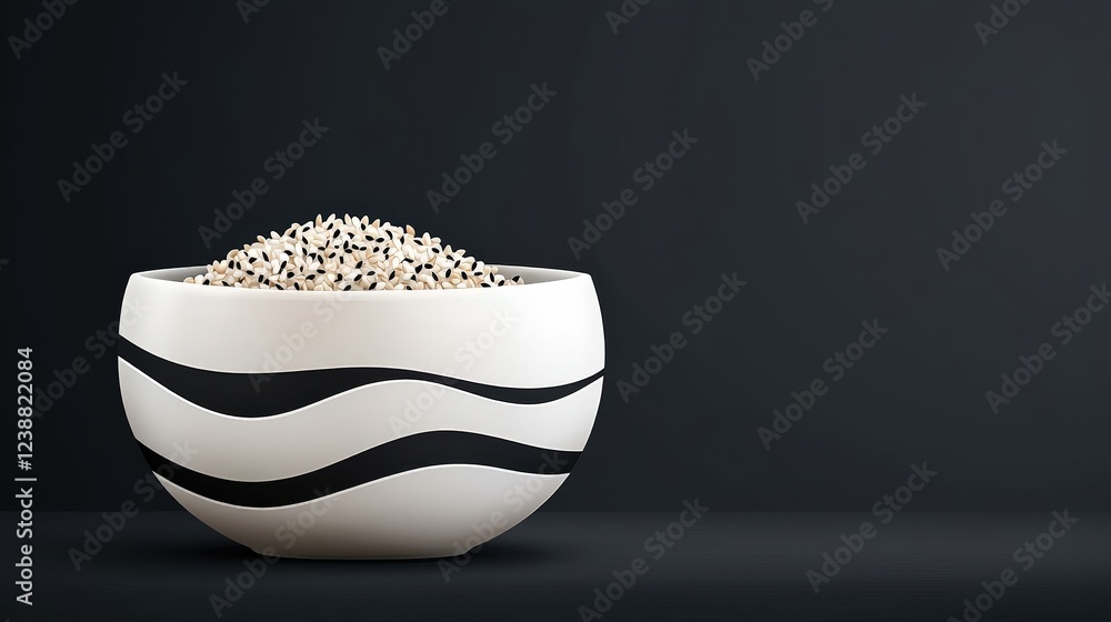 Fototapeta premium White Bowl with Black Waves Filled with Raw Sesame Seeds on a Dark Background