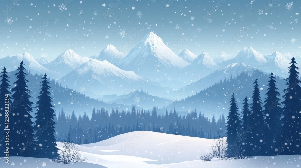 Fototapeta premium Majestic snowy mountains with dense forest and falling snowflakes in a serene winter landscape