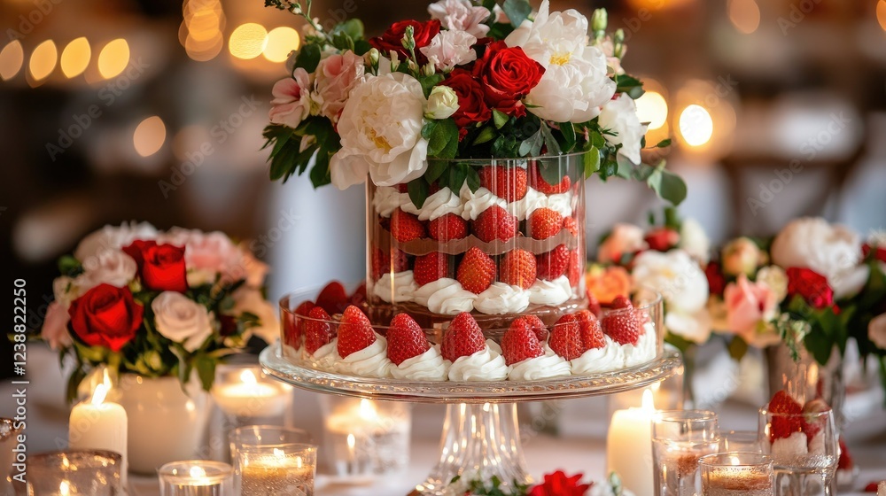 A family dessert table featuring large and small strawberry chocolate trifles, with fresh flowers and candles for an elegant touch A family dessert table featuring large and small strawberry chocolate trifles, with fresh flowers and candles for an elegant touch