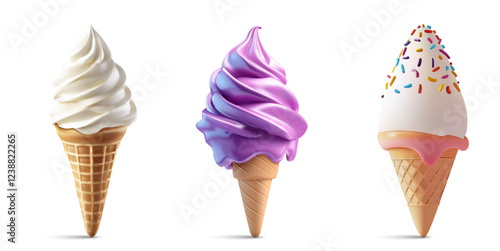 Three ice cream cones showcase various flavors and textures. One features classic vanilla, another vibrant purple, and the last topped with sprinkles, creating a delightful assortment. 3d Vector