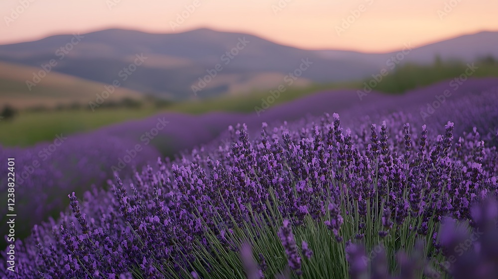 Obraz premium Lavender Field at Sunset Showcasing Tranquil Countryside Landscape