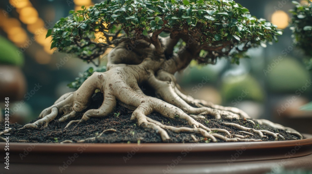 Fototapeta premium Close Up of a Lush Green Bonsai Tree in a Brown Pot