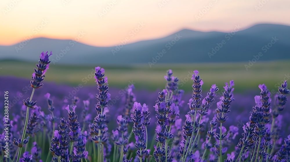 Naklejka premium Lavender Field in Serene Sunset Landscape with Distant Hills