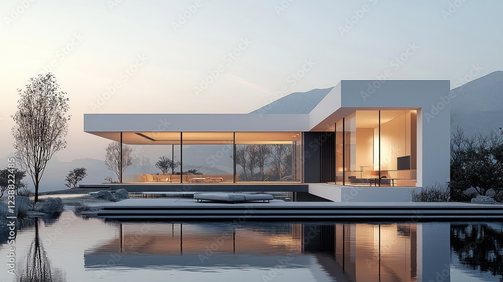 Modern Architectural Home With Large Windows by Tranquil Water Body Modern Architectural Home With Large Windows by Tranquil Water Body
