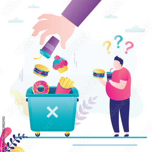 Human hand throws junk food into trash can. Concept of healthy eating and weight loss. Fat man holds fast food and doesn't want to give it up. Choosing right nutrition.