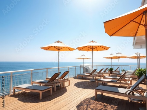 Wallpaper Mural Sunny deck with lounge chairs and umbrellas, leisure activities, outdoor seating Torontodigital.ca